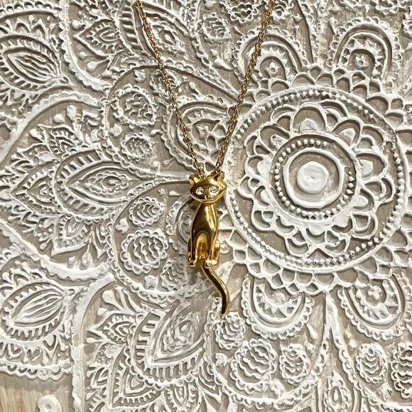 Vintage Retro Cat Gold Tone Necklace Articulated Movable Rhinestone 23-27” Adj - Picture 6 of 8